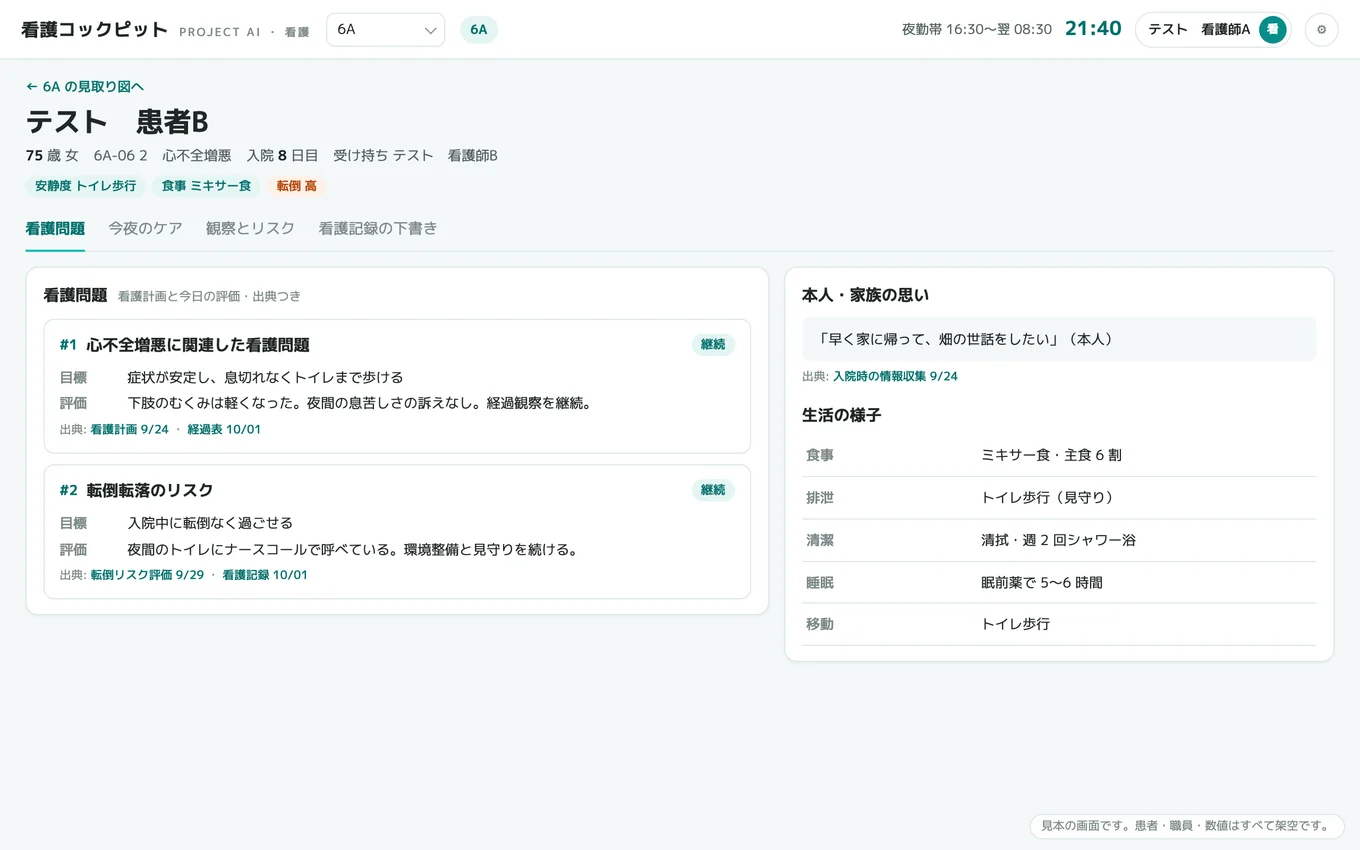患者の看護問題の画面。看護計画の問題ごとに目標・評価と出典の記録が並び、右に本人・家族の思いと生活の様子。患者と職員の名前は「テスト　患者B」「テスト　看護師A」のような架空の表記