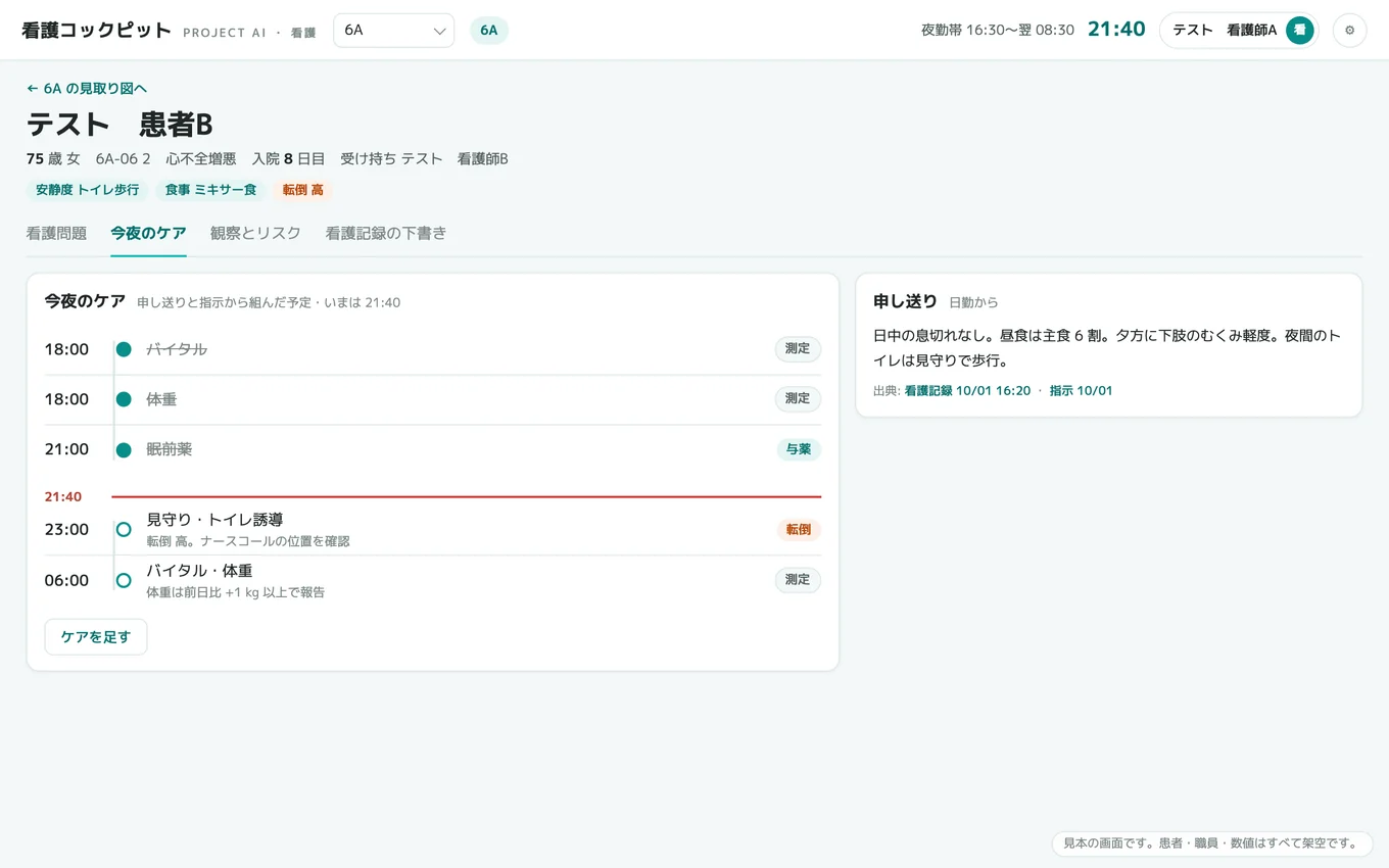 今夜のケアの画面。申し送りと指示から組んだ予定が時刻順に並び、いまの時刻より前の済んだものは薄く消えている。右に日勤からの申し送り。患者の名前は「テスト　患者B」のような架空の表記